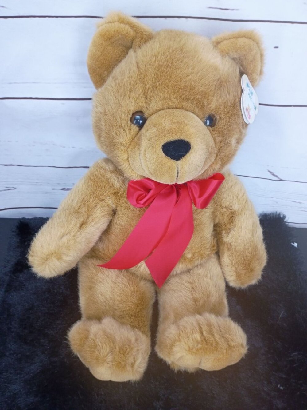 Large SKM Plush Teddy Bear Red Bow Soft Brown Fur 18 In Collectible Stuffed Toy